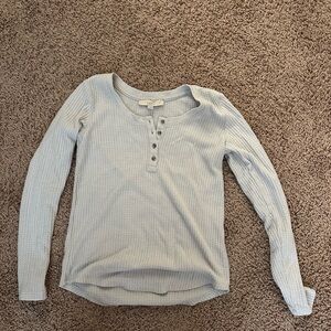 LOFT Gray Ribbed Long Sleeve Polo Blouse
